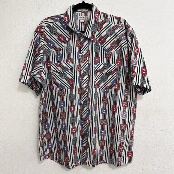 Vintage Sheplers Brush popperPearl Snap Western Aztec Shirt Short Sleeve Size XL - Picture 1 of 8